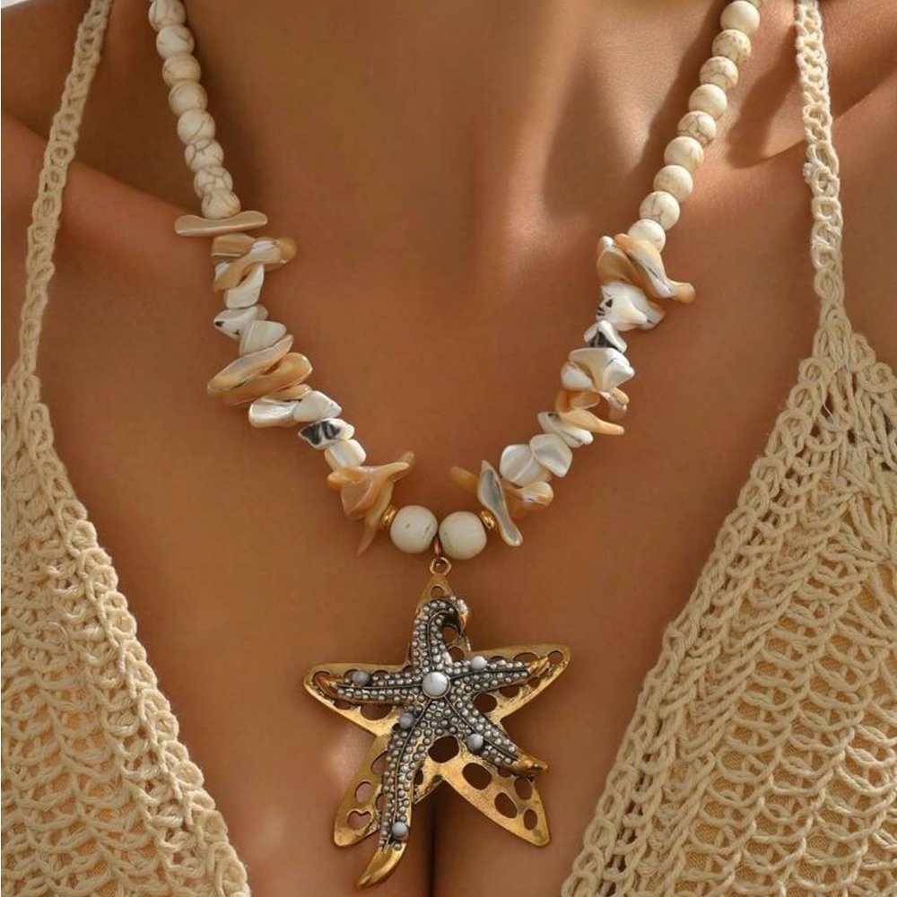 Gold Starfish Pendant Beaded Necklace in Cream and Tan